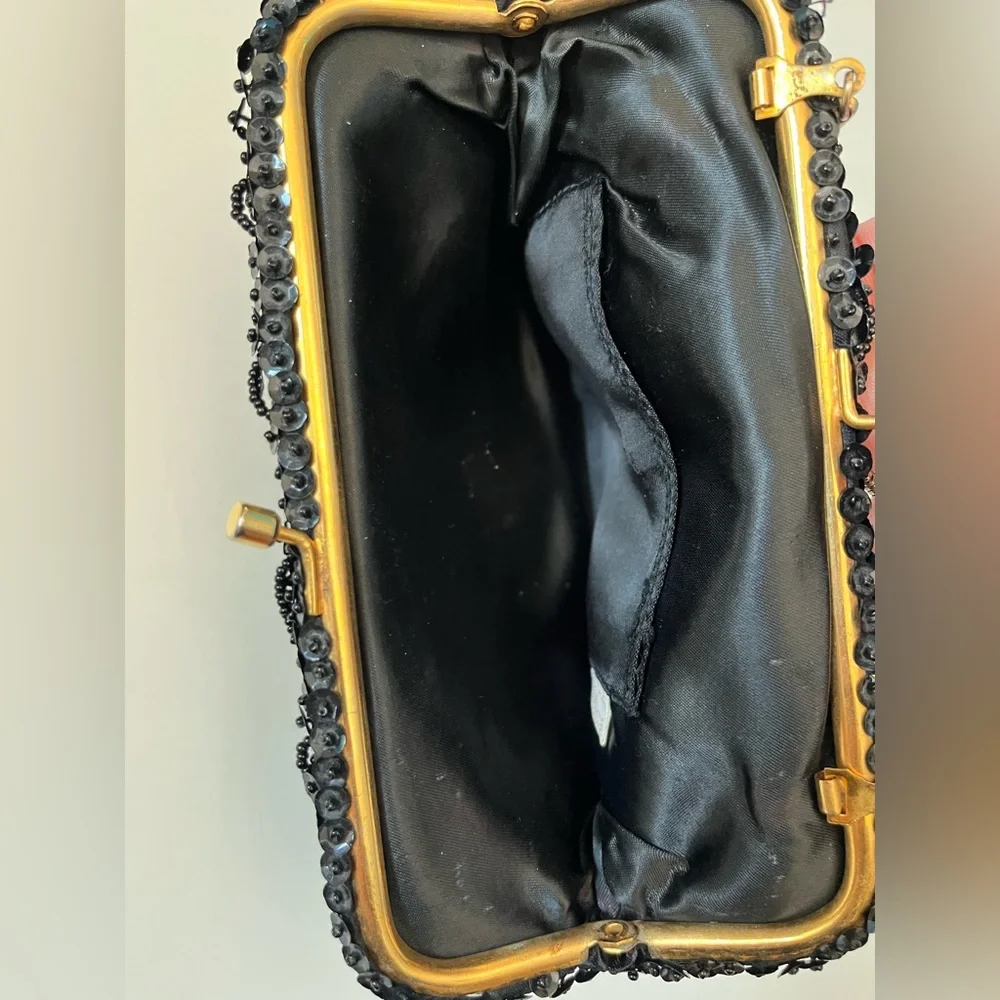 Vintage Art Deco Black Beaded Sequin Clutch Purse Evening Bag Hong Kong